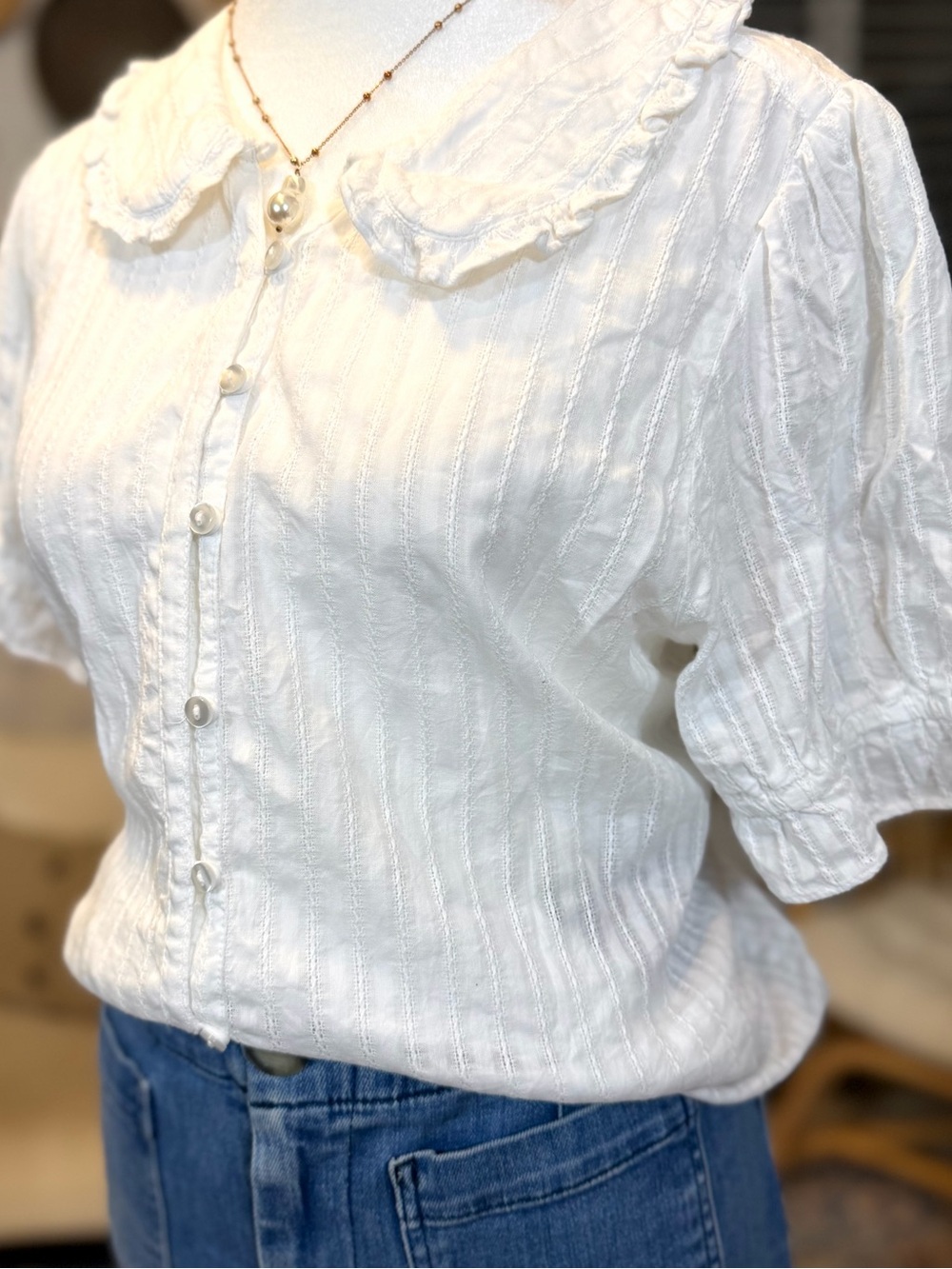 Quince 100% Cotton Boho Peasant RomanticWhite Ruffle Short Sleeve Blouse XL - Picture 7 of 12
